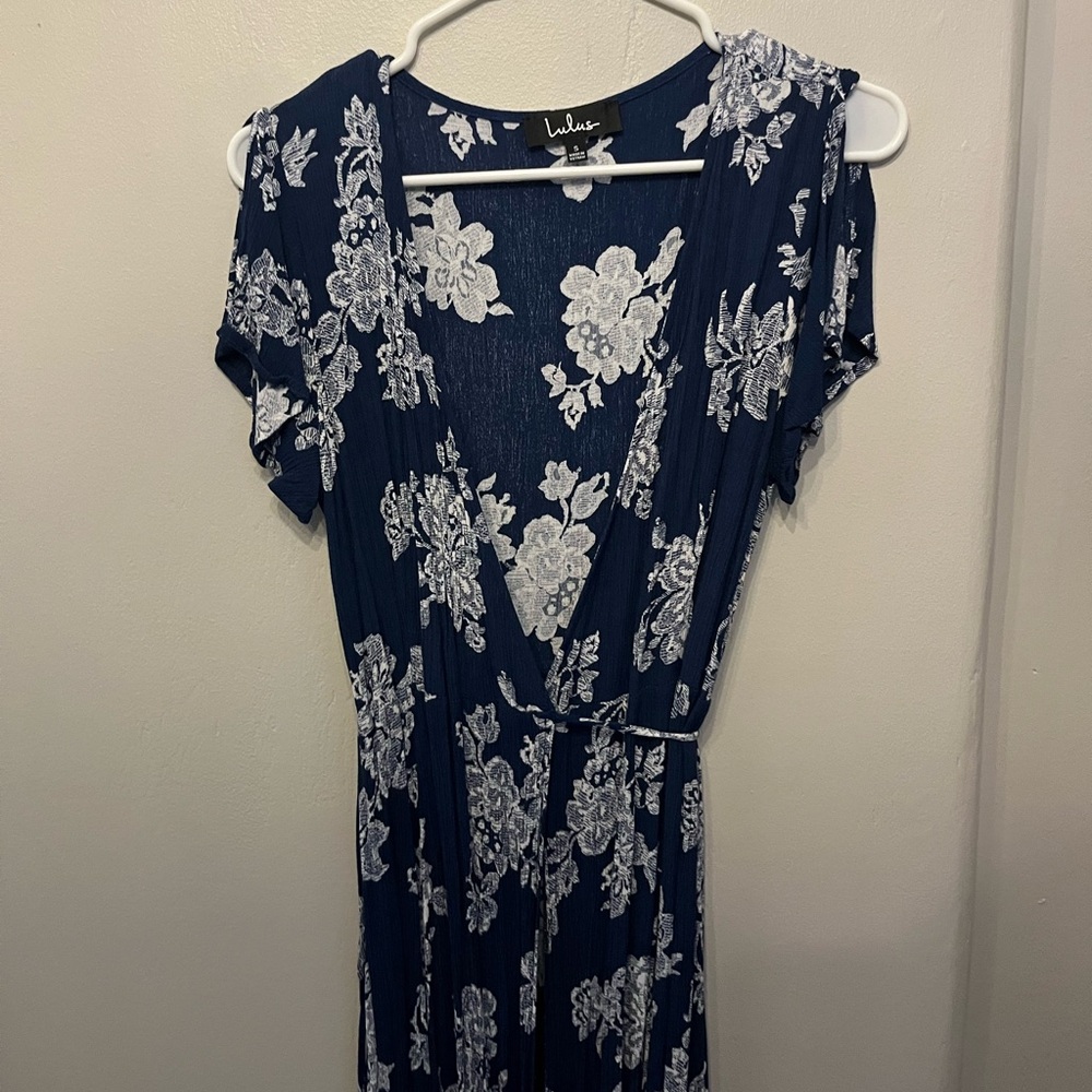 Lulus Heart Of Marigold Navy Blue Floral Print Wrap Maxi Dress - Size Small - Picture 3 of 6